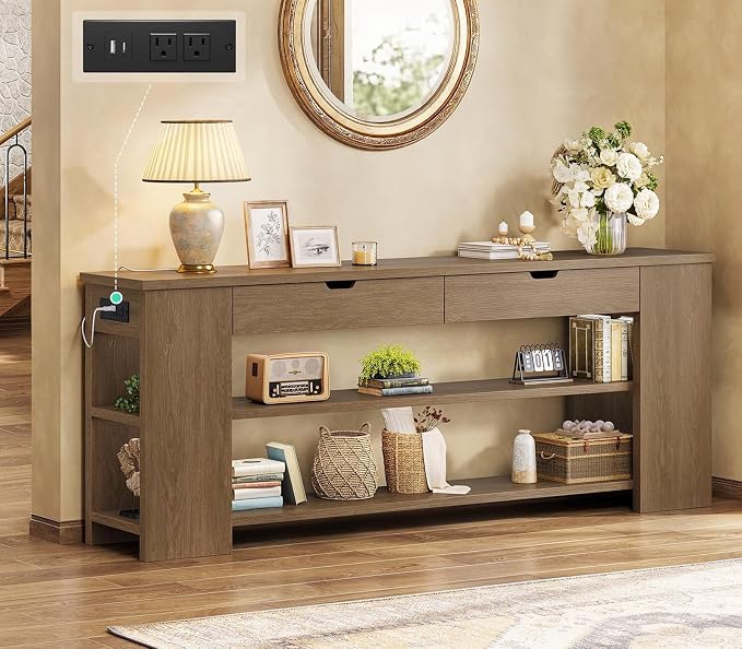 71.8 Inch Extra Long Console Table with Drawers, Farmhouse Long Console Table with Shelves & Built-in Outlets, Entryway Table with Storage for Living Room, Entryway, Hallway, Brown
