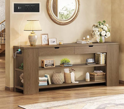 71.8 Inch Extra Long Console Table with Drawers, Farmhouse Long Console Table with Shelves & Built-in Outlets, Entryway Table with Storage for Living Room, Entryway, Hallway, Brown
