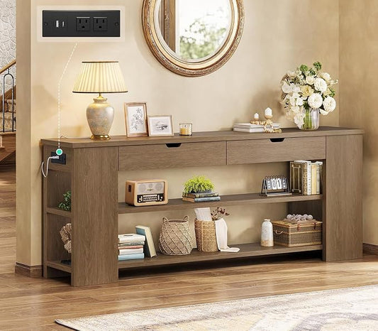 71.8 Inch Extra Long Console Table with Drawers, Farmhouse Long Console Table with Shelves & Built-in Outlets, Entryway Table with Storage for Living Room, Entryway, Hallway, Brown