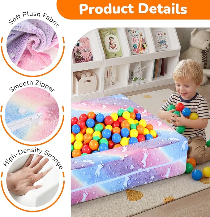 MeMoreCool Glow in the Dark Kids Couch – Modular Fold-Out Toddler Sofa (Rainbow) | Convertible Play Couch for Bedroom & Playroom; Chair, Bed, Fort or Ball Pit; Machine-Washable Velour Cover