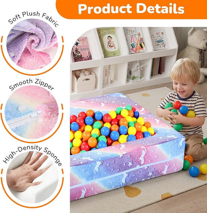 MeMoreCool Glow in the Dark Kids Couch – Modular Fold-Out Toddler Sofa (Rainbow) | Convertible Play Couch for Bedroom & Playroom; Chair, Bed, Fort or Ball Pit; Machine-Washable Velour Cover
