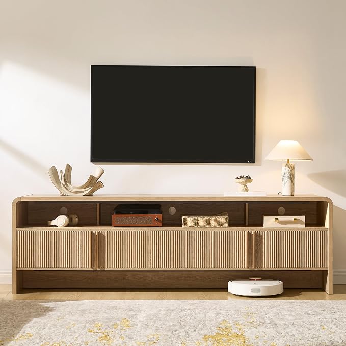 AMERLIFE Modern TV Stand for TVs up to 80", 70 inch Fluted TV Console with Storage Cabinets, Wood Entertainment Center Media Console for Living Room, Natural Oak