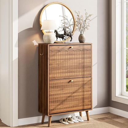 Nicetree Shoe Storage Cabinet for Entryway, 9.5inch Slim Shoe Rack with 2 Flip Drawers, Mid-Century Modern Walnut Shoe Cabinet Storage, Narrow Shoe Organizer with Adjustable Shelves for Small Spaces