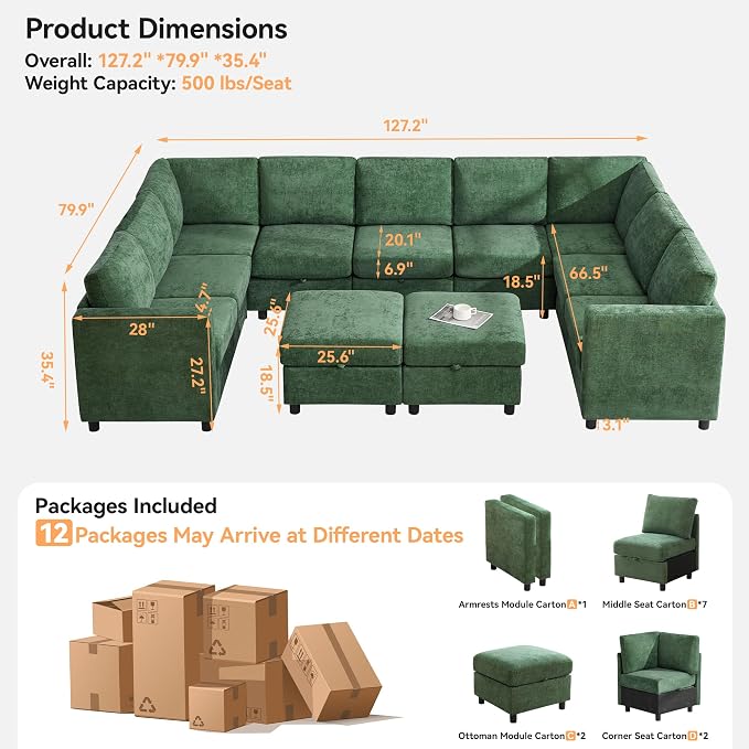 127'' Oversized U Shaped Modular Sofa, Sectional Couches with Storage for Living Room, Modern 9 Seater Cloud Sectional Couch with Movable Ottoman, Chenille Dark Green