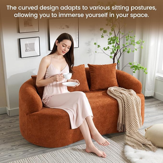 65" Boneless Loveseat Sofa Couch, Modern Comfy Curved Cloud Sofa, Chenille Deep Seat Love Seat Couches for Living Room, No Assembly, Orange