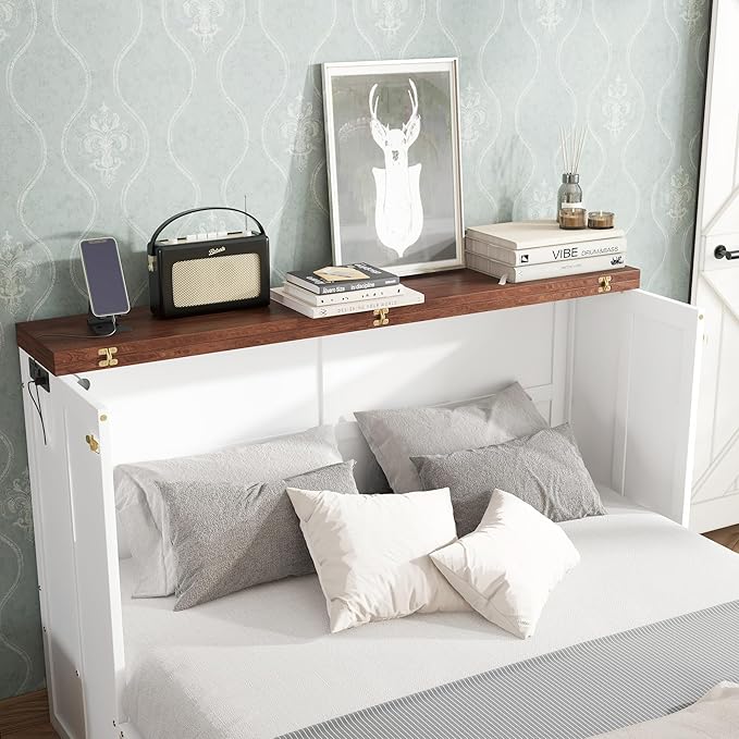 PVWIIK Queen Murphy Bed with Drawer & Charging Station for Bedroom,Home Office, Studio,Guest Room,Queen Size Solid Wood Bed Frame Murphy Bed with USB Port for Bedroom,White-Walnut