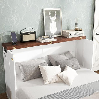 PVWIIK Queen Murphy Bed with Drawer & Charging Station for Bedroom,Home Office, Studio,Guest Room,Queen Size Solid Wood Bed Frame Murphy Bed with USB Port for Bedroom,White-Walnut