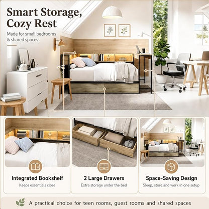 Bellemave Twin Corner Bed Frame with Storage Bookcase & 2 Drawers, Modern Metal Twin Daybed with LED Lights & Charging Station, Reversible Twin Corner Bed with Desk for Space-Saving, Grey