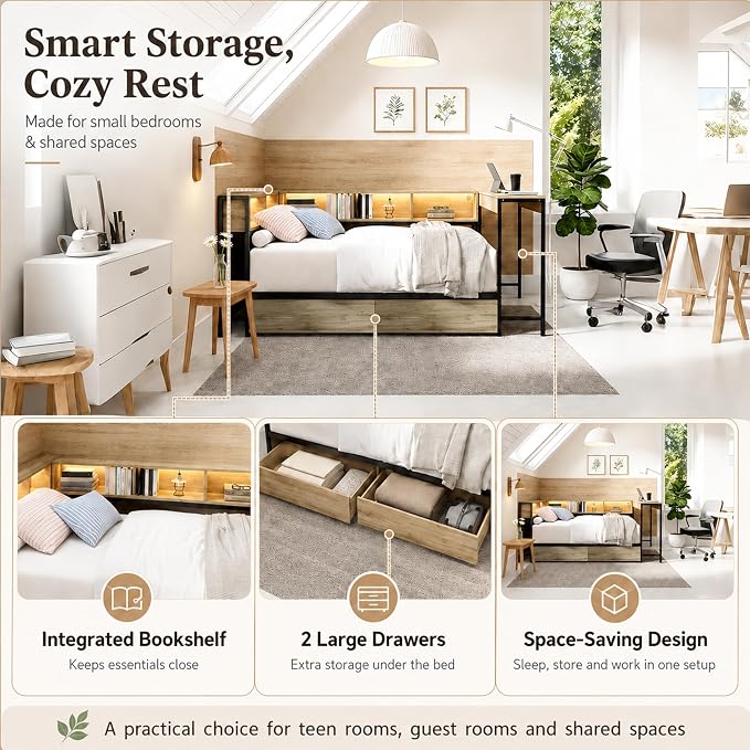 Bellemave Full Size Corner Bed Frame with Storage Bookcase & 2 Drawers, Modern Metal Full Daybed with LED Lights & Charging Station, Reversible Full Corner Bed with Desk for Space-Saving, Grey