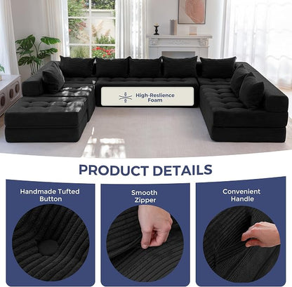 MAXYOYO Modular Sectional Sofa Couch, Foldable Oversized U Shaped Cloud Couch with Pillows, Tufted Boneless Lounger Floor Sofa Bed for Living Room, No Assembly Required, Black