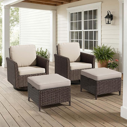 4 Pieces Patio Furniture Set, 2 High Back Swivel Chairs & 2 Ottomans, All-Weather PE Wicker Furniture with Waterproof Cushions for Deck, Garden, Porch