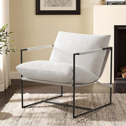 Furnilivng Large Sling Accent Chair, Comfortable Boucle Fabric Arm Chair, Upholstered Cozy Reading Chair for Living Room, Bedroom, Dressing Room, Home Office (White, Set of 1)