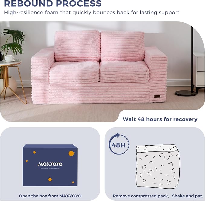 MAXYOYO Boneless Loveseat Sofa Couch for Adults, Floor Bean Bag Couch Sofa | Faux Fur Sofa with Armrests and Back Support, Plush Foam Filled Lounge Couch, Cozy Bean Bag Couch for Living Room, Apartment