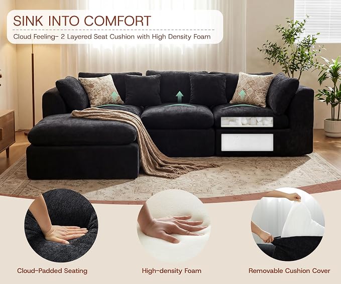 GRUSIGN 110'' Oversized Boneless Cloud Couch for Living Room, Modern Big Sectional Compressed L Shape Couch with Ottoman, Comfy Chenille Deep Seat Memory Foam Spineless 4 Seater Sofa, Black