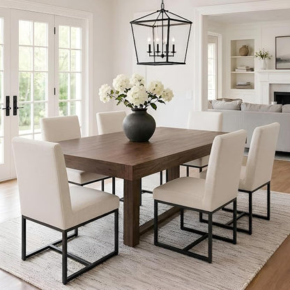 VESCASA Linen Upholstered Dining Chairs Set of 6, Mid Century Modern Padded Chair with Black Metal Frame for Restaurant, Dining Room, Kitchen, Cream