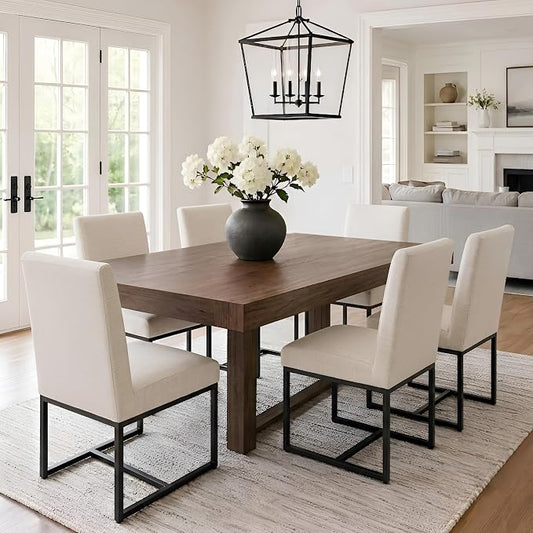 VESCASA Linen Upholstered Dining Chairs Set of 6, Mid Century Modern Padded Chair with Black Metal Frame for Restaurant, Dining Room, Kitchen, Cream