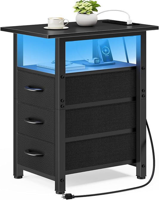 Vagusicc Black Nightstand with Charging Station and LED Lights, Narrow End Table, LED Nightstand with 3 Fabric Drawers for Bedroom, Small Night Stand, Narrow Side Table for Small Spaces, Black