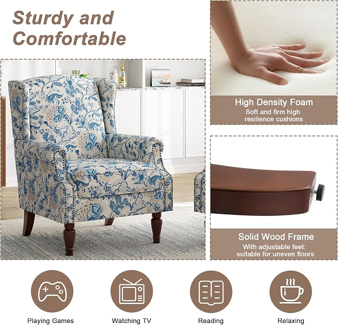 Pia Ricco Set of 2 Floral Accent Chairs, High Back Upholstered Armchairs with Retro Wingback Design, Nailhead Trim & Solid Wood Legs for Living Room Bedroom(Flower Blue)