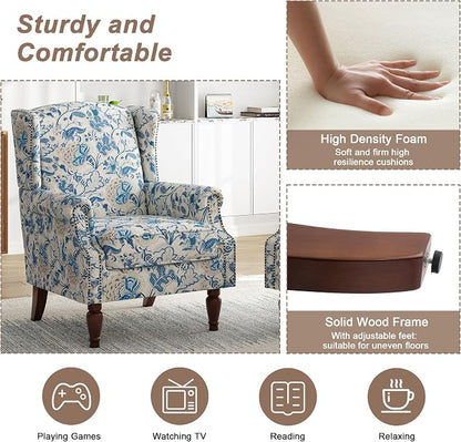 Pia Ricco Set of 2 Floral Accent Chairs, High Back Upholstered Armchairs with Retro Wingback Design, Nailhead Trim & Solid Wood Legs for Living Room Bedroom(Flower Blue)
