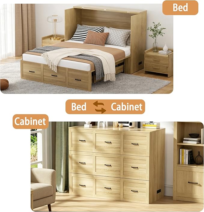 Murphy Bed Full Size with Storage and Charging Station, Farmhouse Wall Bed Cabinet Foldable Wooden Frame for Guest Room - Natural