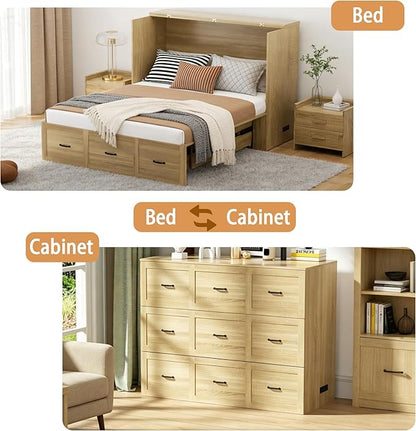Murphy Bed Full Size with Storage and Charging Station, Farmhouse Wall Bed Cabinet Foldable Wooden Frame for Guest Room - Natural