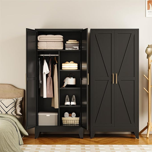 COFaR Metal Armoire Wardrobe Closet with Doors and Shelves & Hanging Rod, 71" Tall Freestanding Wardrobe Storage Cabinet, Bedroom Armoires,Steel Wardrobe Cabinet for Cloak Room,Laundry Room,Gym,Office