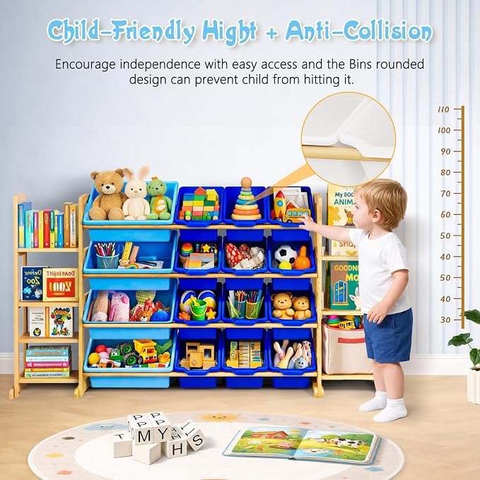 Kids Toy Storage Organizer with Bookshelf – Wooden Shelf with 16 Bins & 6 Shelves, Quick Assembly Storage Rack for Playroom, Bedroom, Nursery - Blue