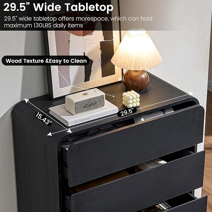 Standifurno 29.5’’ W Dresser for Closet, Black Drawers with Curved Design, Chest Drawer with 5 Drawers, Vertical Drawer with Large Storage, Wooden Dresser for Living Room, Nursery, Entryway
