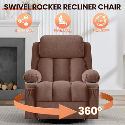 MAHOMICO Swivel Rocker Recliner Chair with Vibration Massage and Heat for Living Room,with Rocking Function and Side Pocket, USB Charge Port,2 Cup Holders