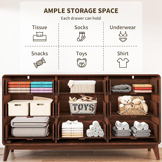 3-Piece Farmhouse Bedroom Storage Set, 9-Drawer Dresser & Nightstands Set of 2 with Charging Station, Handle-Less Design, Rounded Corners, Anti-Tip Safety Furniture, Walnut