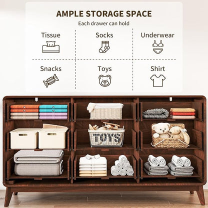 3-Piece Farmhouse Bedroom Storage Set, 9-Drawer Dresser & Nightstands Set of 2 with Charging Station, Handle-Less Design, Rounded Corners, Anti-Tip Safety Furniture, Walnut