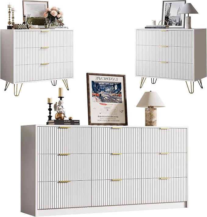 MAISONARIA 3-Piece Dresser Bedroom Set, 9 Drawer Dresser & 3 Drawer Dresser with Gold Handles, Fluted Wood Chest of Drawers for Bedroom, Living Room, Entryway, White