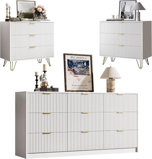 MAISONARIA 3-Piece Dresser Bedroom Set, 9 Drawer Dresser & 3 Drawer Dresser with Gold Handles, Fluted Wood Chest of Drawers for Bedroom, Living Room, Entryway, White