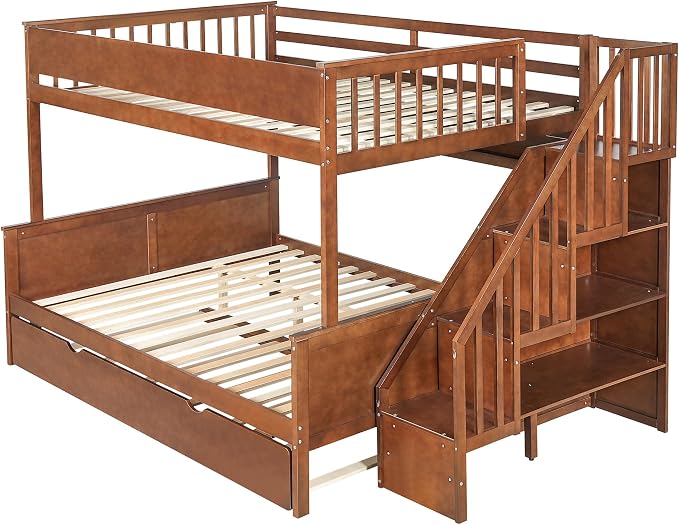 Modern Bunk Bed Full XL Over Queen Size with Storage Shelves and Staircase, Solid Wood Bunk Bed Frame with Trundle and LED Light for Kids Teens Adults (Walnut-3.9)