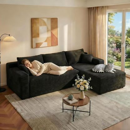 JINGLING 94" L Shape Couch with Right Chaise, Memory Foam Boneless Sectional Sofa in a Box, No Assembly Modular Small Couches for Small Spaces, Living Room, Apartments, Plush Corduroy, Black