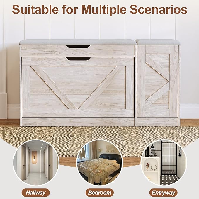 34" Storage Bench with Flip Drawers and Barn Doors, Adjustable Shelf, Flip-up Cabinet & Padded Cushion - Space-Saving Shoe Cabinet, Organizer for Entryway, Hallway, Bedroom