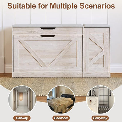 34" Storage Bench with Flip Drawers and Barn Doors, Adjustable Shelf, Flip-up Cabinet & Padded Cushion - Space-Saving Shoe Cabinet, Organizer for Entryway, Hallway, Bedroom
