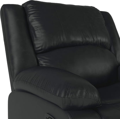 Warren 35.5" Manual Pull-Handle Recliner, Traditional Overstuffed, Pocket Coil Comfort, Black Metal Base Legs, Soft Vegan Leather Fabric, Black