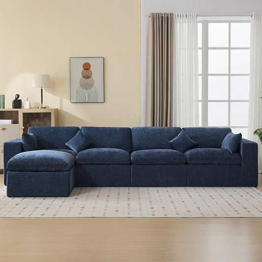 146''Cloud Boneless Sectional Couch, Modular Sectional Sofa Deep Seat with Ottoman, Oversized Upholstered Convertible Comfy 5 Seater Chenille Sofa L Shape Couches for Living Room, Navy