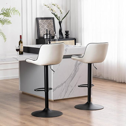 YOUTASTE Bar Stools Set of 2, Adjustable Swivel Counter Height Barstools with Back, White Faux Leather Upholstered Bar Chairs with Black Metal Base, Stools for Kitchen Island or Home Bar