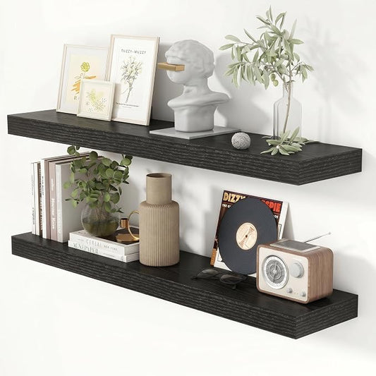 Heimlove 40 Inch Floating Shelves for Wall 8 Inch Deep Black Shelves Set of 2,Wall Mounted Rustic Wood Long Floating Shelf with Invisible Brackets for Bedroom Kitchen Living Room