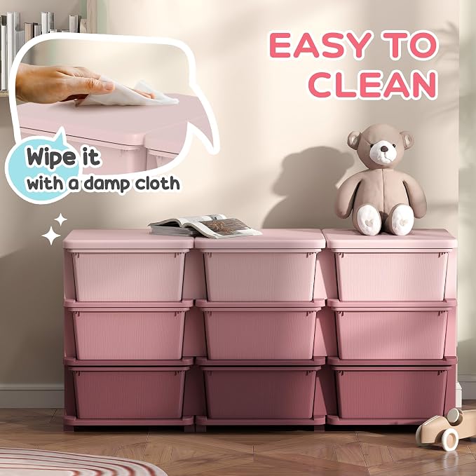 Qaba 3 Tier Kids Storage Unit, Toy Organizers and Storage with 9 Drawer Chest for Kids Bedroom Nursery Kindergarten Living Room for Boys Girls Toddlers, Pink