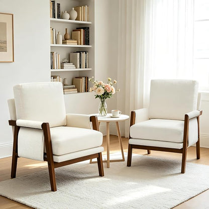 RNKSFX Accent Chairs for Living Room Set of 2, Modern Arm Chairs for Bedroom, Wooden Upholstered Mid Century Accent Chairs, Cream White