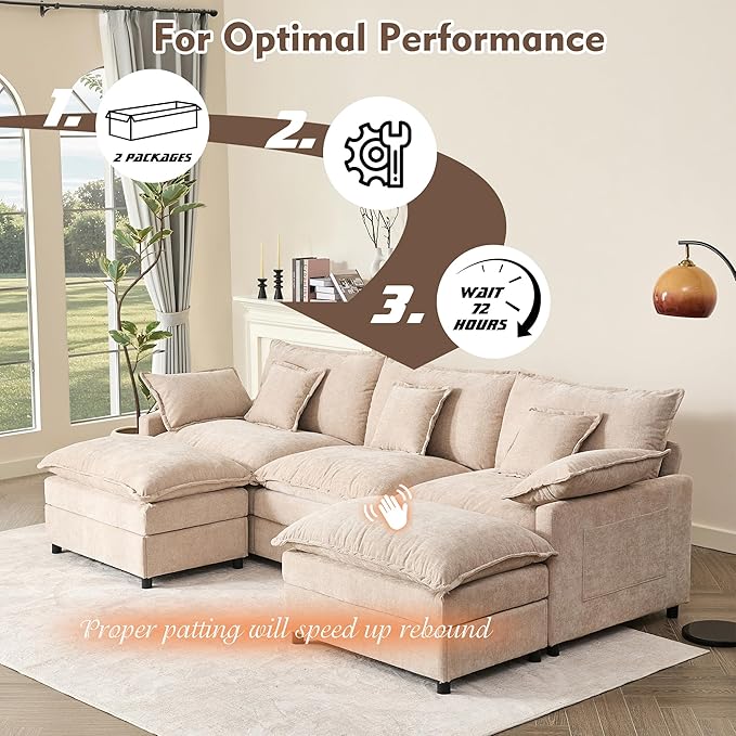 GOSUHI 108" U-Shaped Modular Cloud Couch, Chenille Flat White | Cloud Comfort, Deep Seat, Couches for Living Room, Removable&Machine-Washable Covers, Movable Ottoman, Modular Sectional Sofa