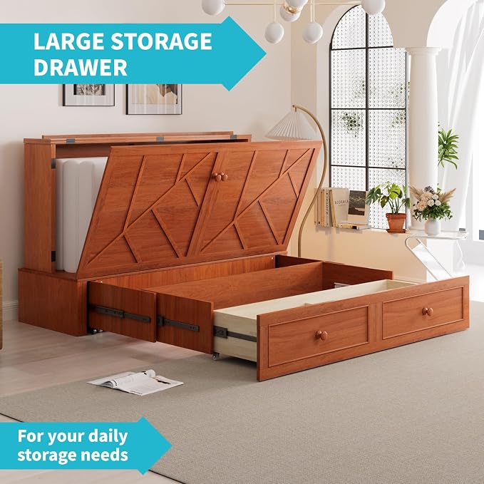 CECER Cherry Murphy Bed Cabinet with Mattress, Space-Saving Folding Bed