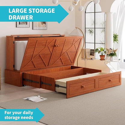 CECER Cherry Murphy Bed Cabinet with Mattress, Space-Saving Folding Bed