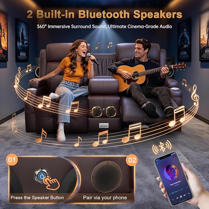 Power Loveseat Recliner Sofa, Home Theater Seating with Heat Massage, Reclining Loveseats with Flip Backrest, Wall Hugger RV Couch Movie Theater Chairs, RV Furniture Sofas with USB, for Gaming Room