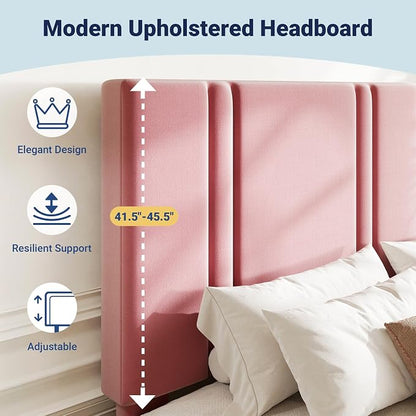 Allewie Full Size Platform Bed Frame with Adjustable Headboard, Plush Velvet Upholstered, Vertical Channel Tufted, Sturdy Wooden Slats, No Box Spring Needed, Easy Assembly, Pink