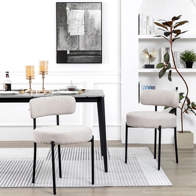 DYHOME Light Grey Boucle Dining Chairs Set of 2, Mid Century Modern Upholstered Kitchen Chairs with Curved Backrest and Black Metal Legs