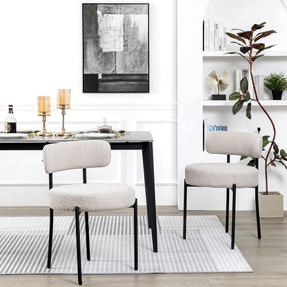 DYHOME Light Grey Boucle Dining Chairs Set of 2, Mid Century Modern Upholstered Kitchen Chairs with Curved Backrest and Black Metal Legs